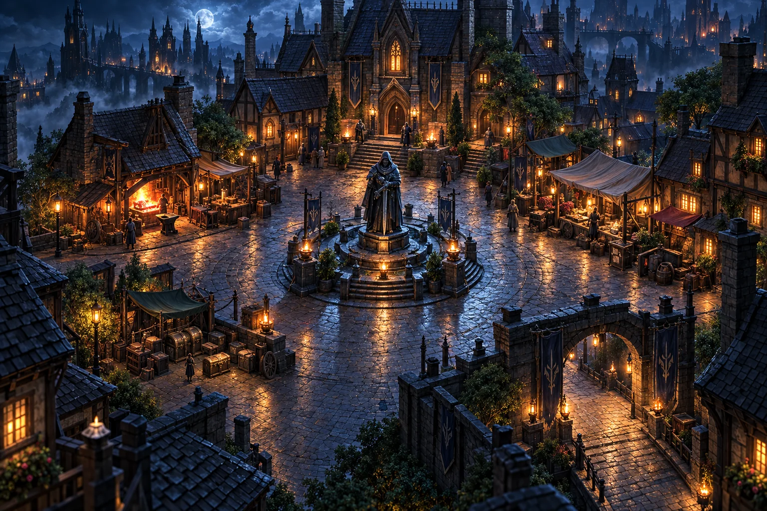 Moonlit medieval Town courtyard: central statue, forge on the left, guild hall above, market on the right and departure arch below.